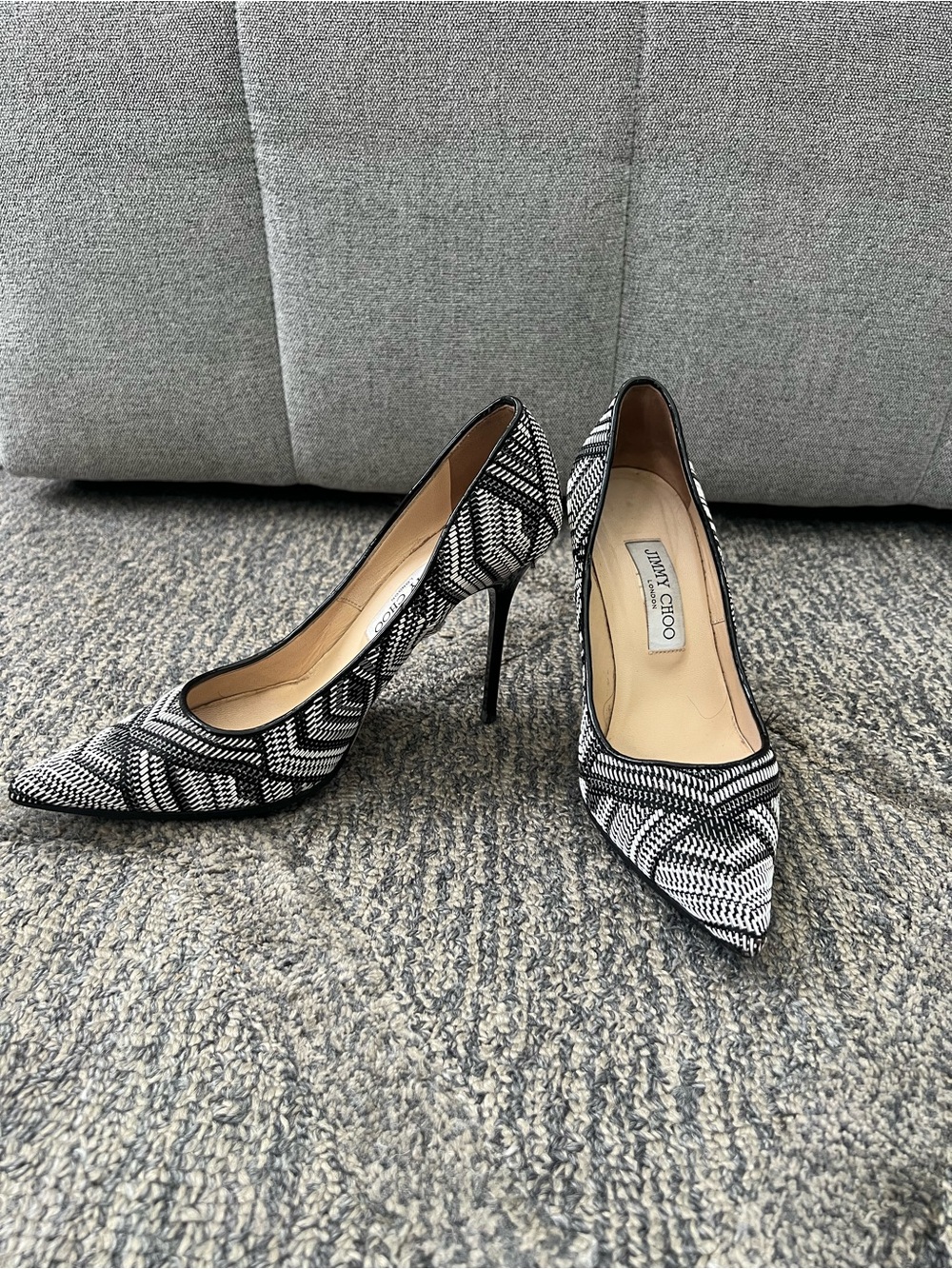 Jimmy Choo Black & White Patterned Pointed Toe Stiletto Pumps 38.5